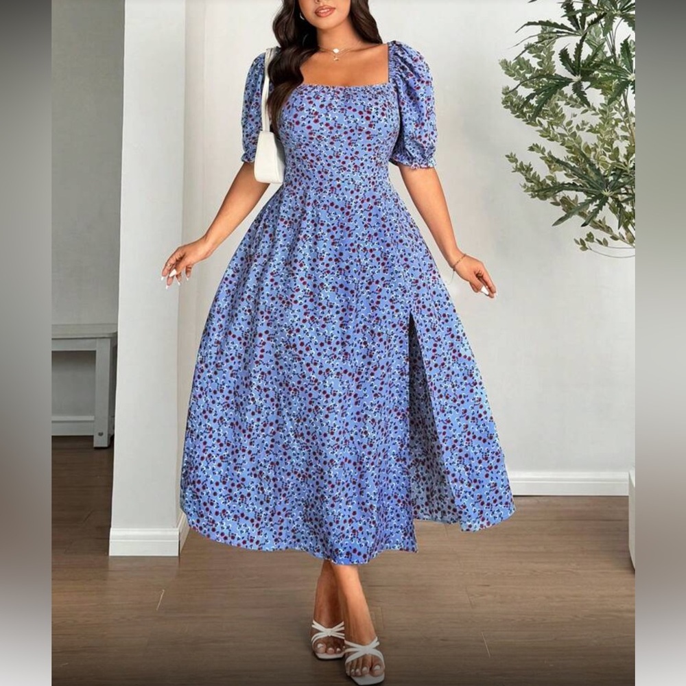 Floral Blue Lace-Up Back Dress - Picture 3 of 8